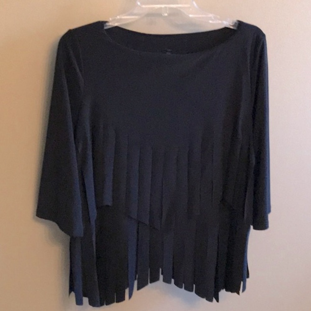 Black, Connie K,  3/4 sleeve fringe blouse, very unique, size large